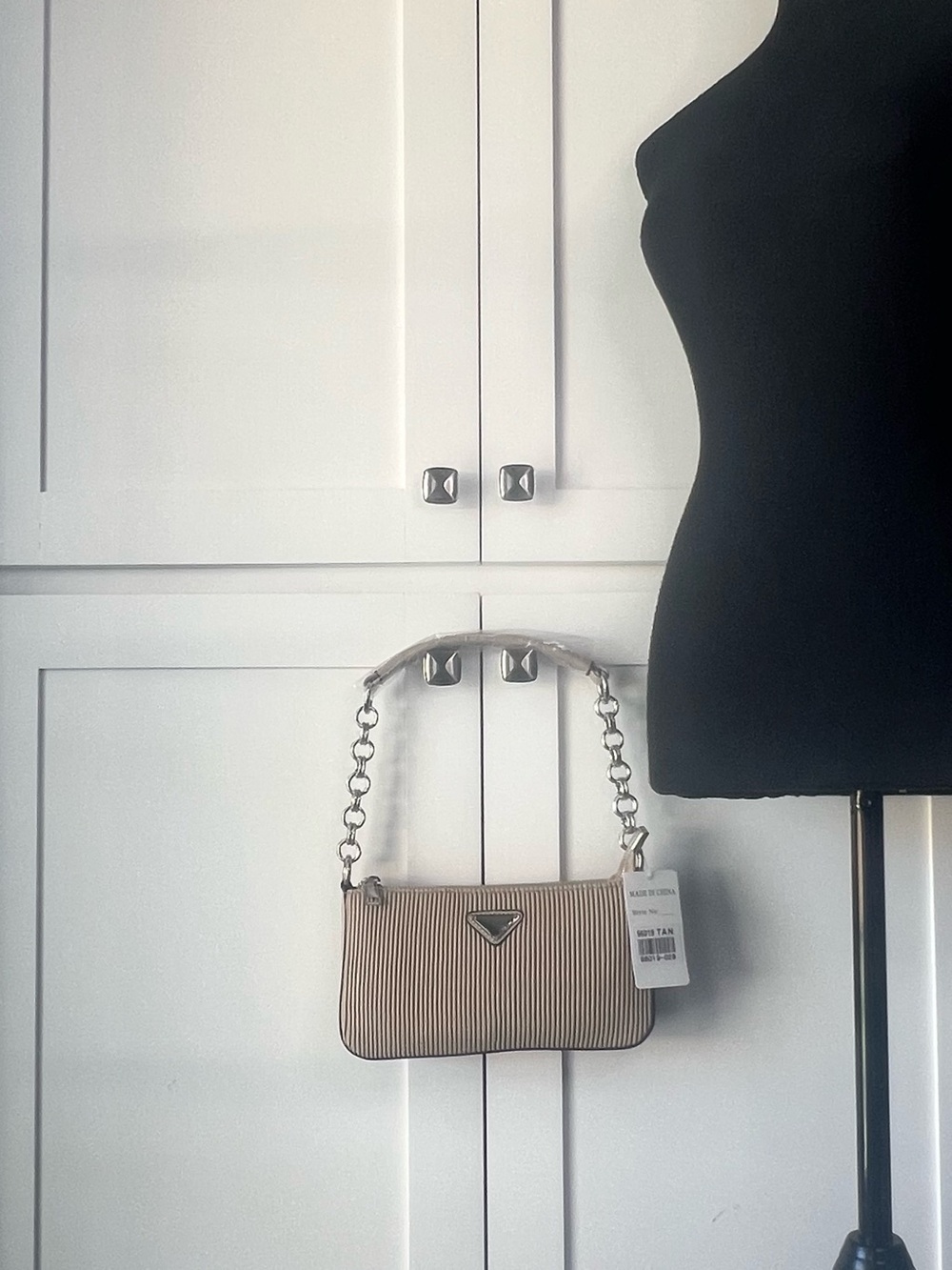Tan Ribbed Shoulder & Crossbody Bag With Silver Chain Strap